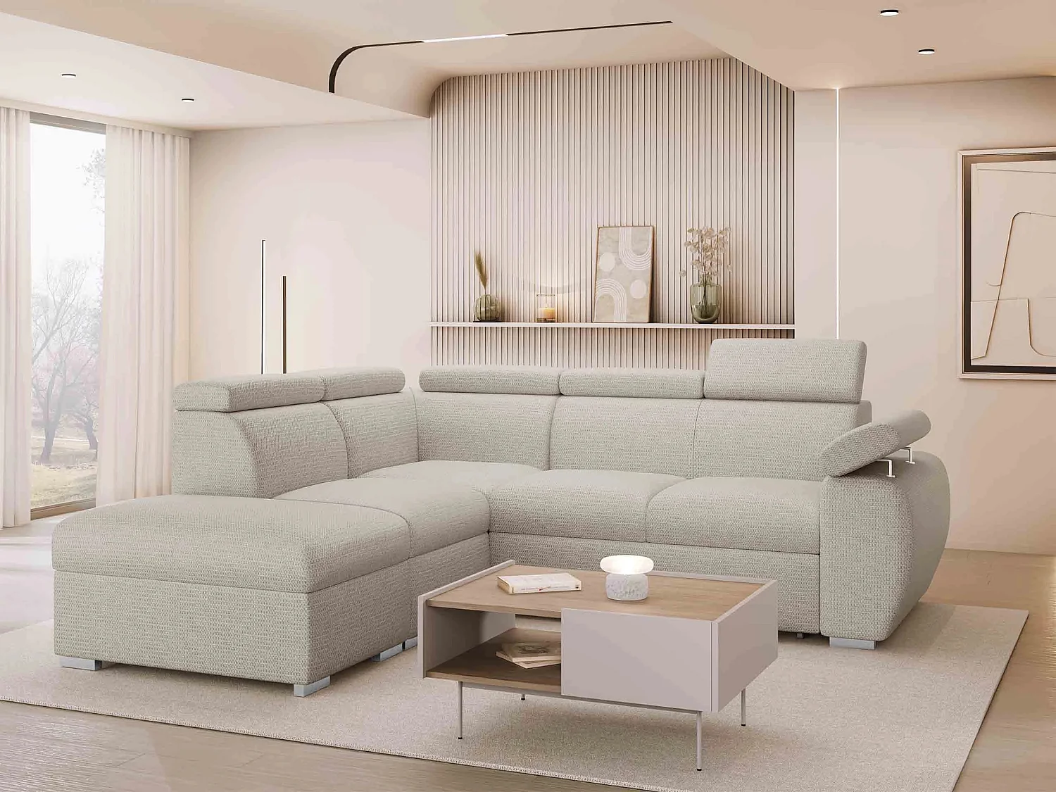 Sofá rinconero Columbus 228, De color marrón claro, Función de descanso, Almacenaje, 85cm