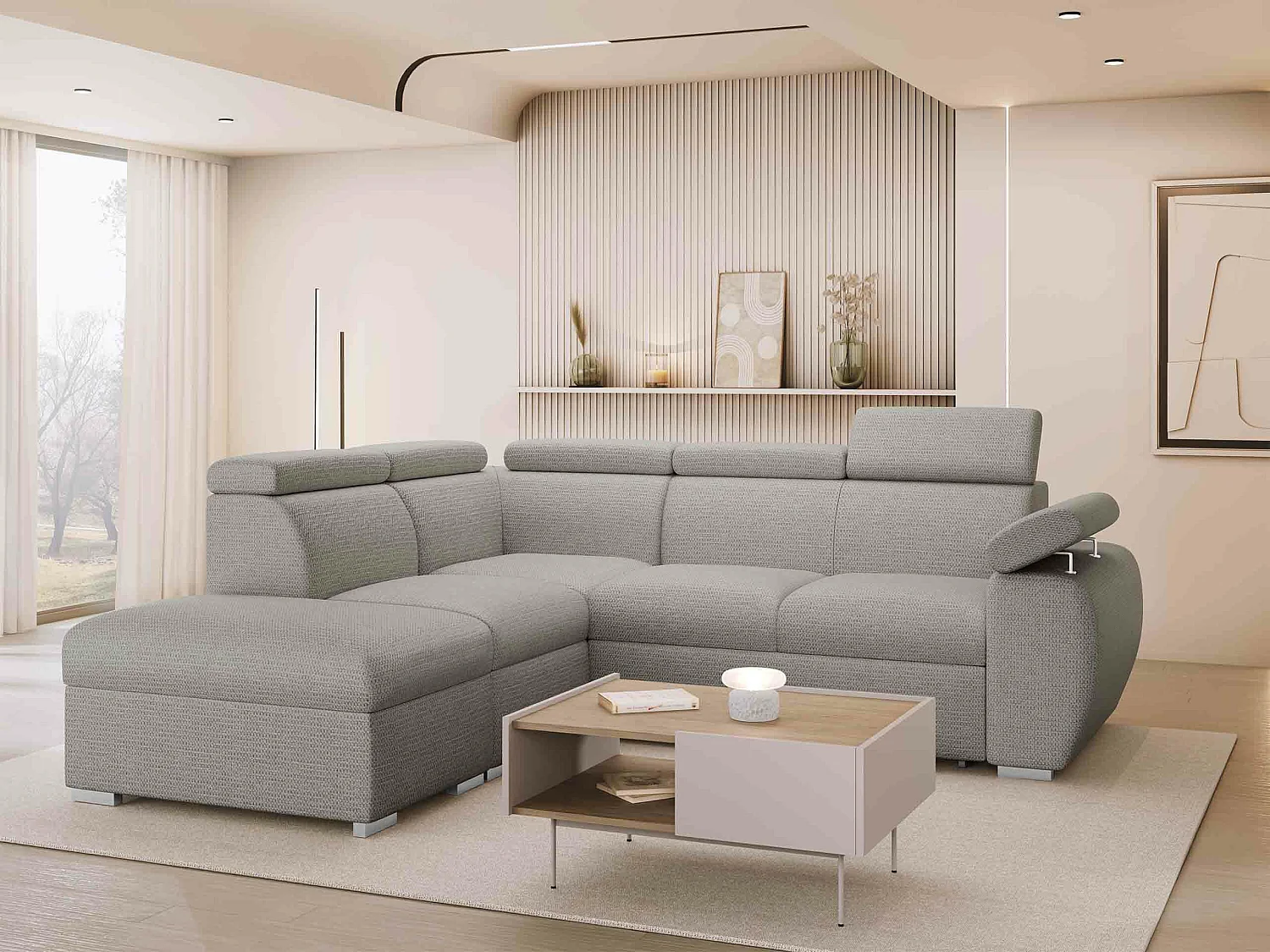 Canapé d'angle Columbus 228, Brun clair, Disponible, 260x230x85cm