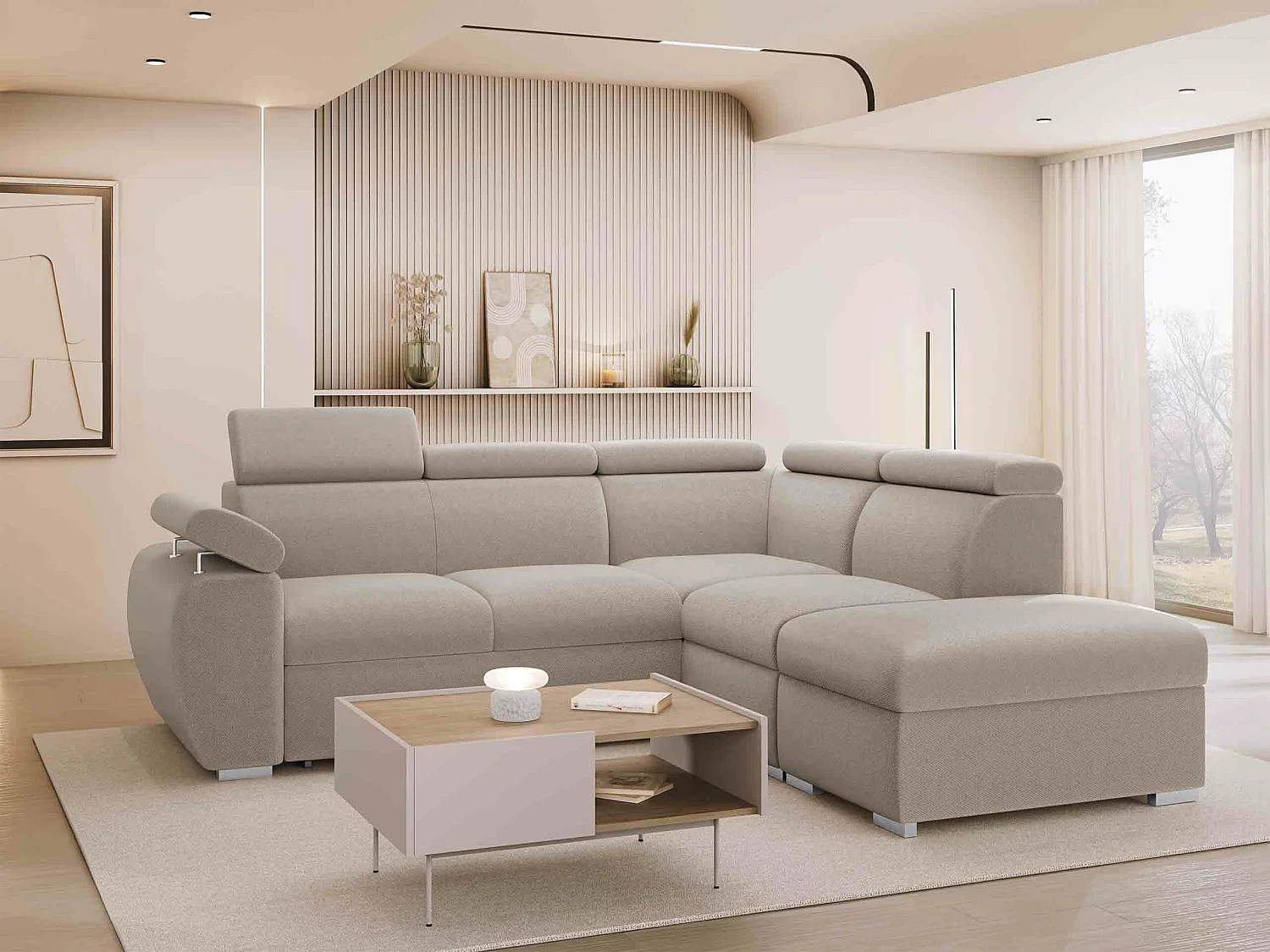 Canapé d'angle Columbus 228, Crème, Disponible, 260x230x85cm