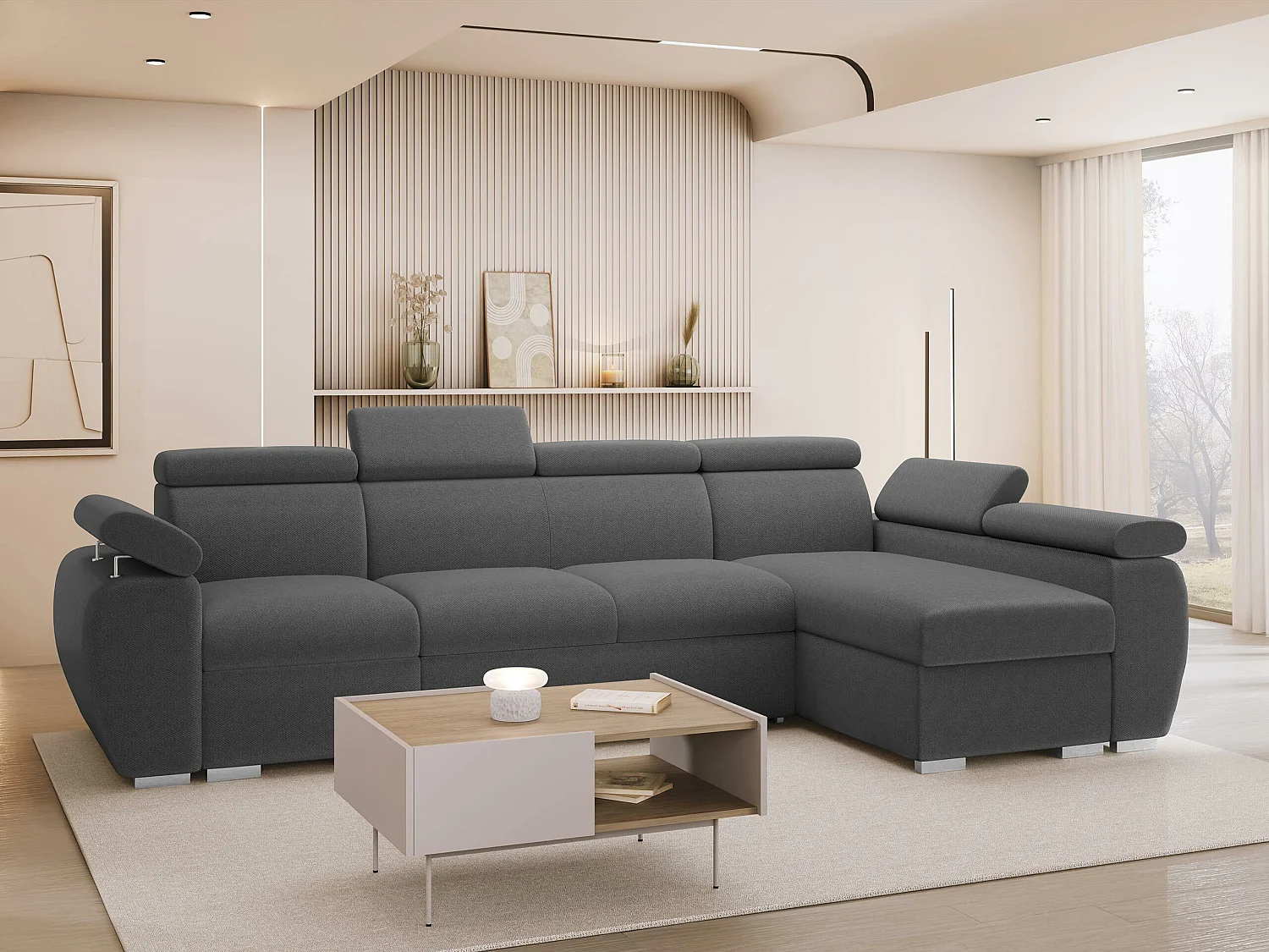 Canapé d'angle Columbus 227, Gris foncé, Disponible, 320x170x85cm