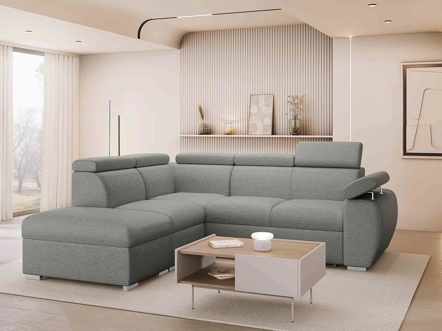 Canapé d'angle Columbus 228, Gris clair, Disponible, 260x230x85cm