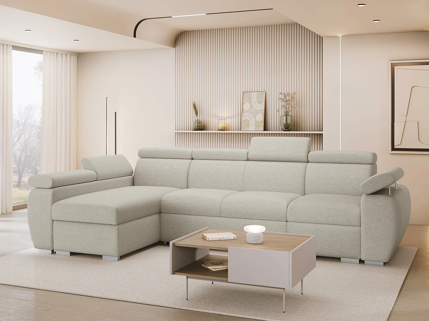 Canapé d'angle Columbus 227, Brun clair, Disponible, 320x170x85cm