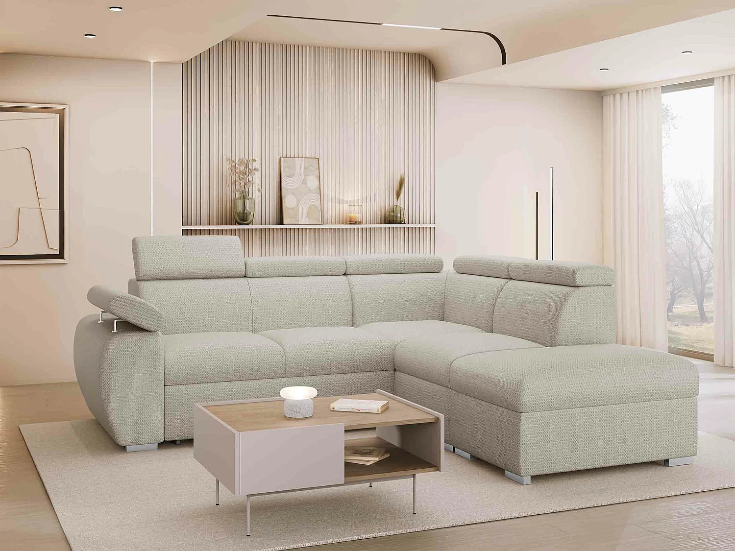 Sofá rinconero Columbus 228, De color marrón claro, Función de descanso, Almacenaje, 85cm