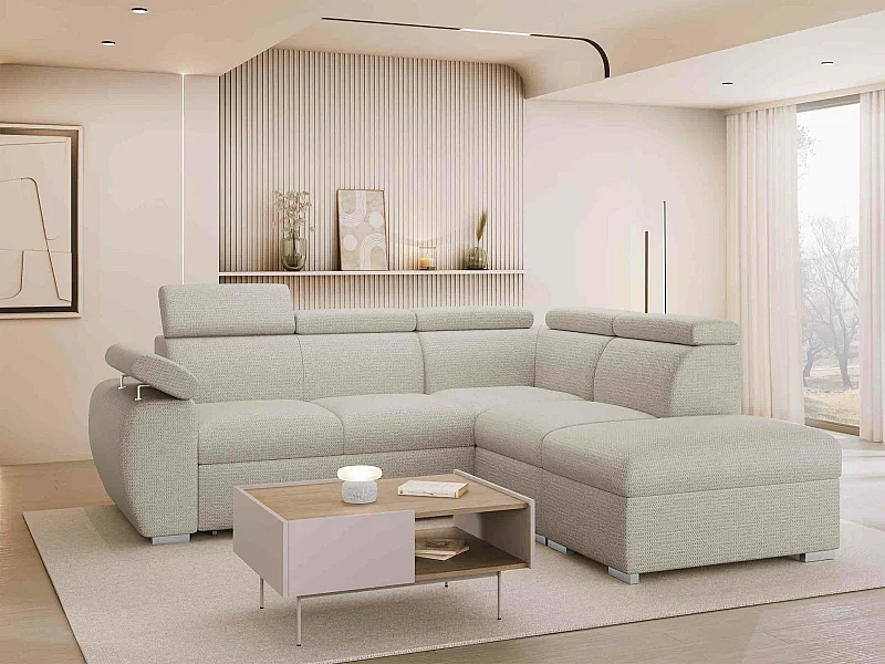 Sofá rinconero Columbus 228, De color marrón claro, Función de descanso, Almacenaje, 85cm