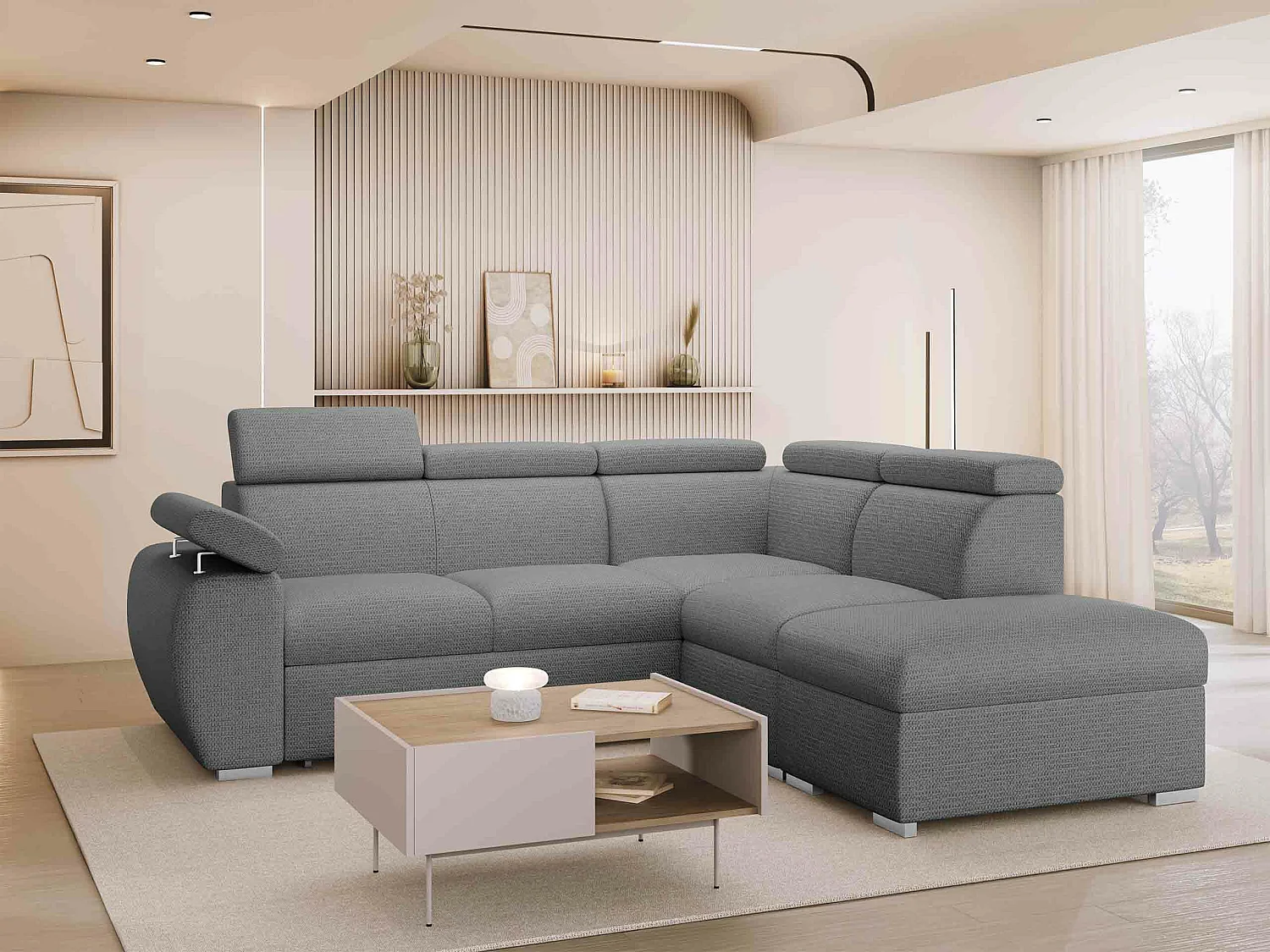 Canapé d'angle Columbus 228, Gris, Disponible, 260x230x85cm