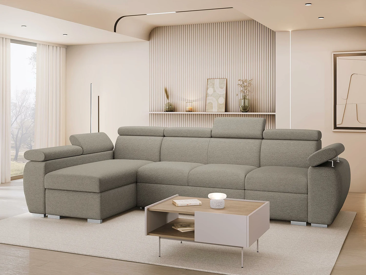 Canapé d'angle Columbus 227, Brun clair, Disponible, 320x170x85cm