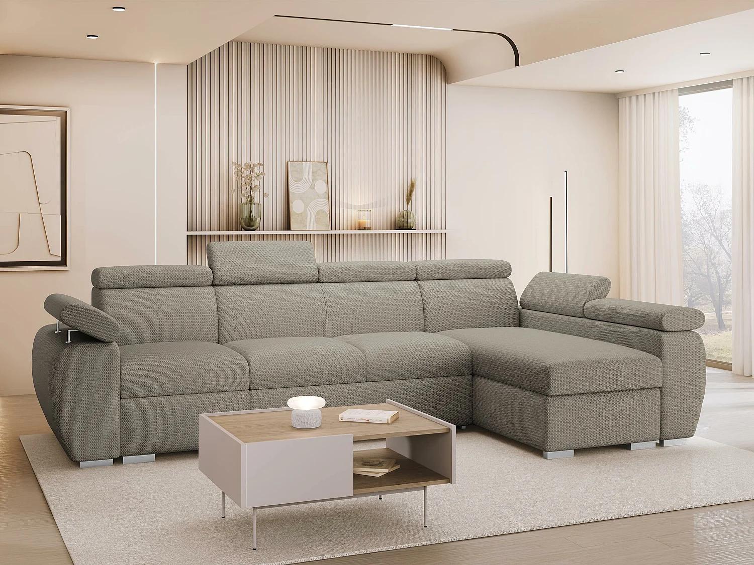 Canapé d'angle Columbus 227, Brun clair, Disponible, 320x170x85cm