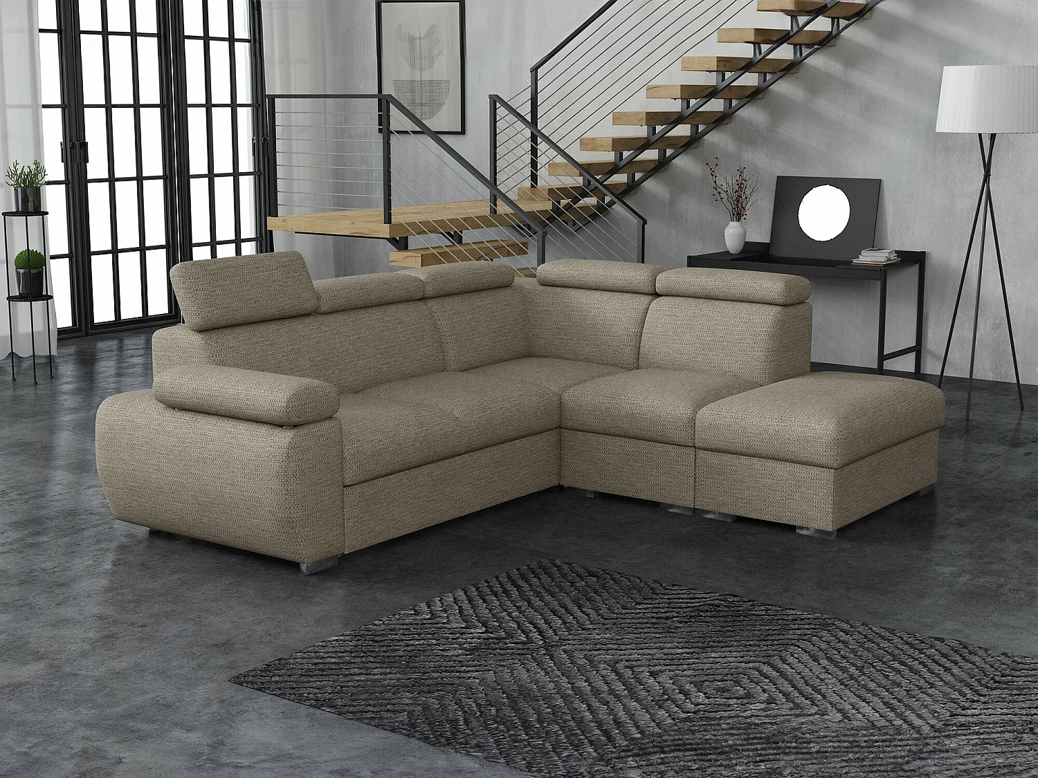 Sofá rinconero Columbus 228, De color marrón claro, Función de descanso, Almacenaje, 85cm