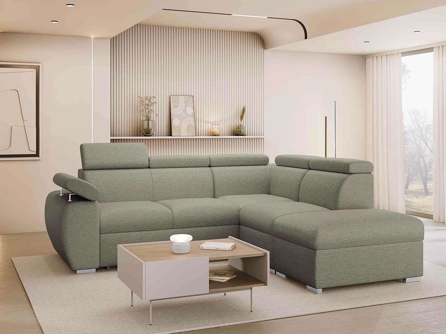 Canapé d'angle Columbus 228, Brun clair, Disponible, 260x230x85cm
