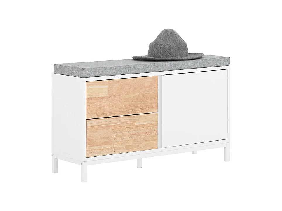 SoBuy Banc à Chaussures, Banc de Rangement avec Coussin rembourré, Meuble Bas Entrée sur Pieds avec 1 Porte et 2 Tiroirs, 80 x 30 x 51 cm, FSR167-WN