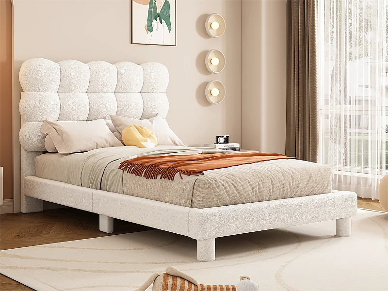 Letto singolo imbottito Sherpa - 90x200 cm - Bianco