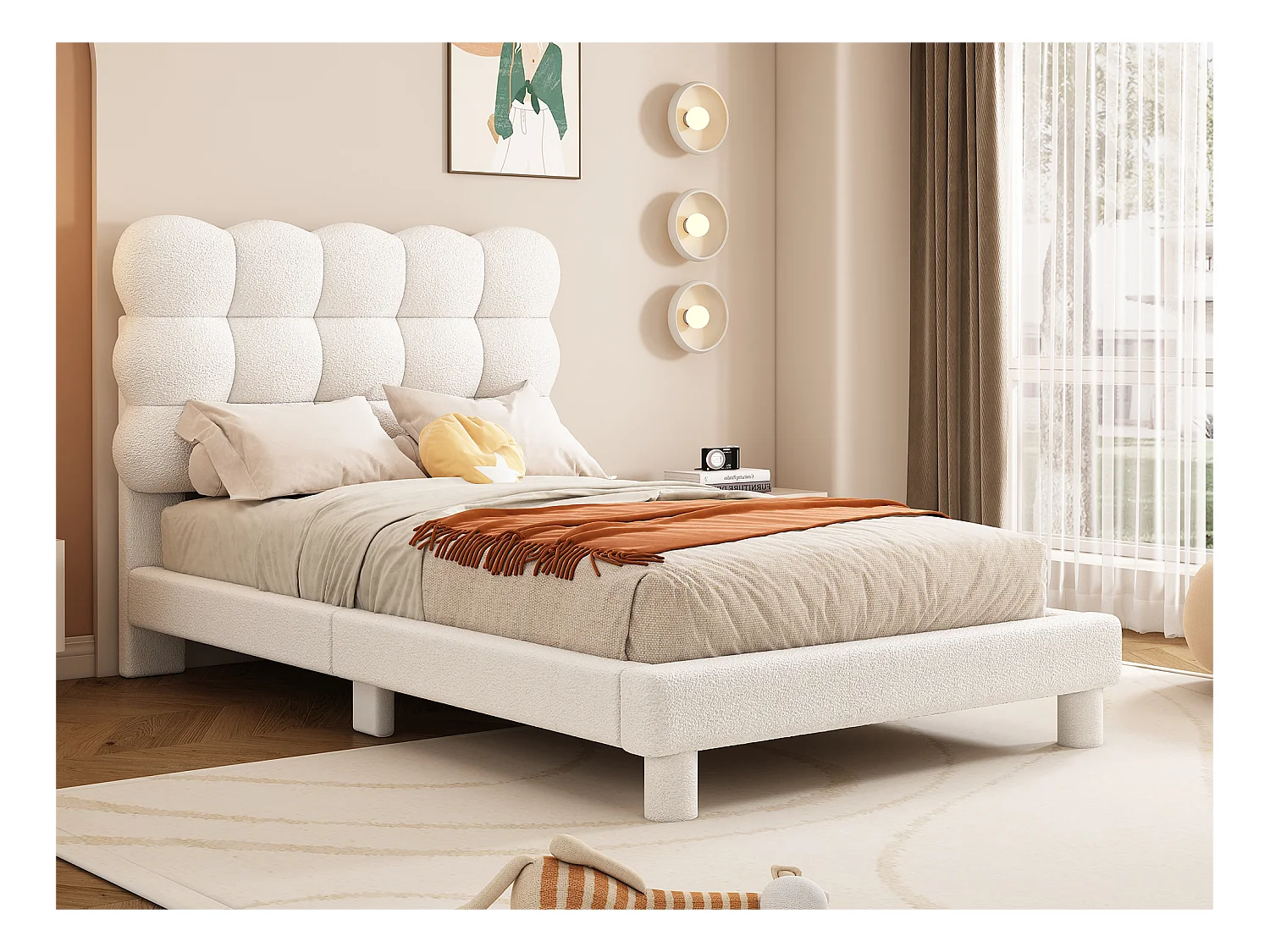 Lit simple rembourré en sherpa - 90x200 cm - Blanc