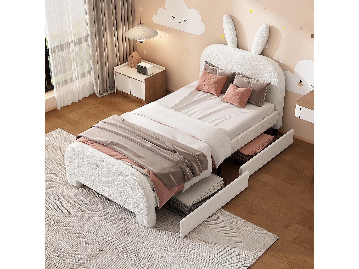 Kinderbed 90x200 cm met 2 lades - konijnvormig hoofdeinde - Wit