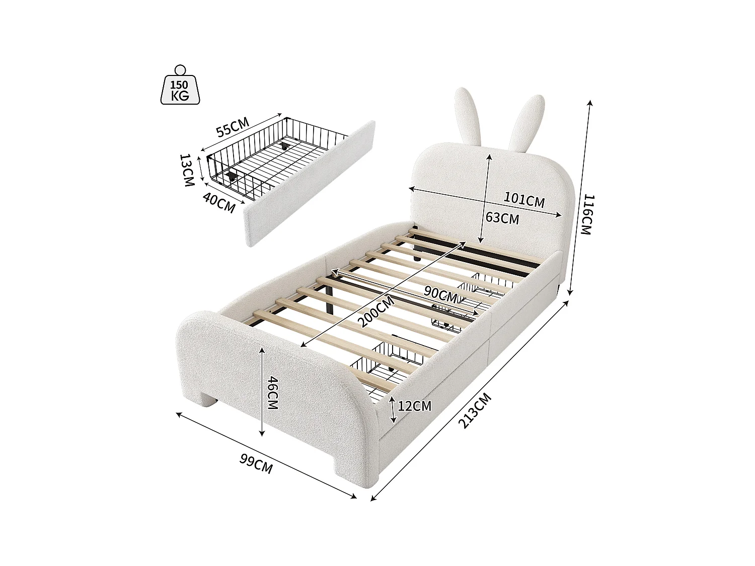 Kinderbed 90x200 cm met 2 lades - konijnvormig hoofdeinde - Wit