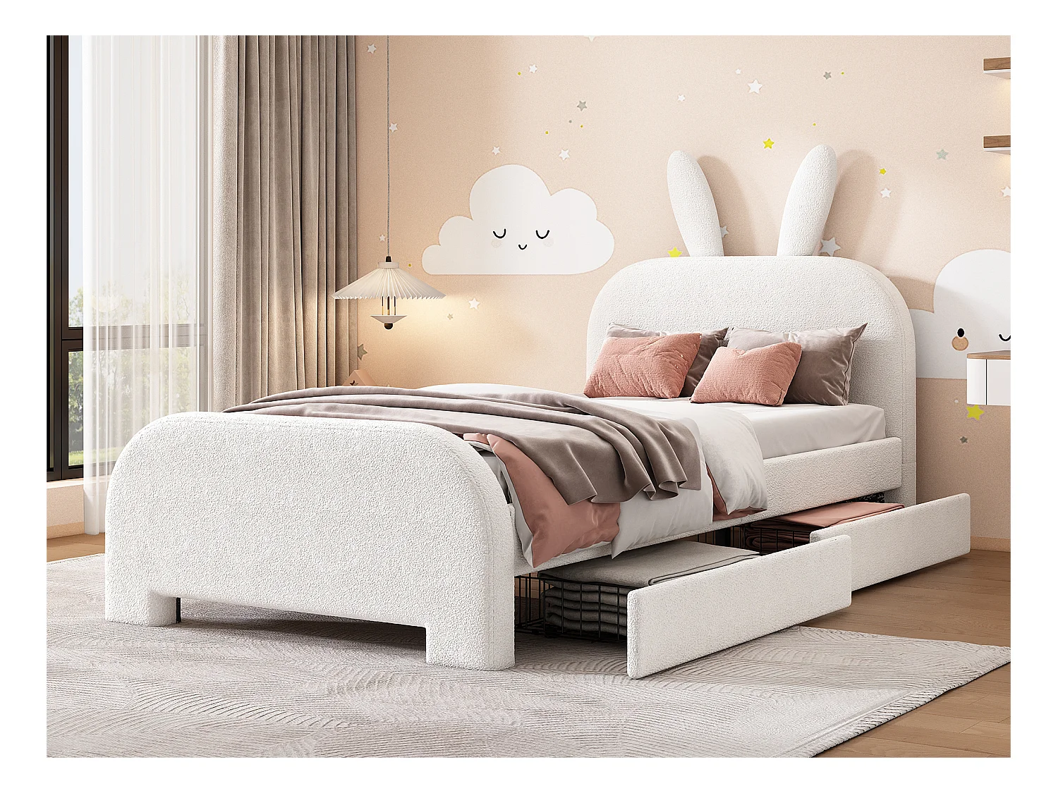 Kinderbed 90x200 cm met 2 lades - konijnvormig hoofdeinde - Wit