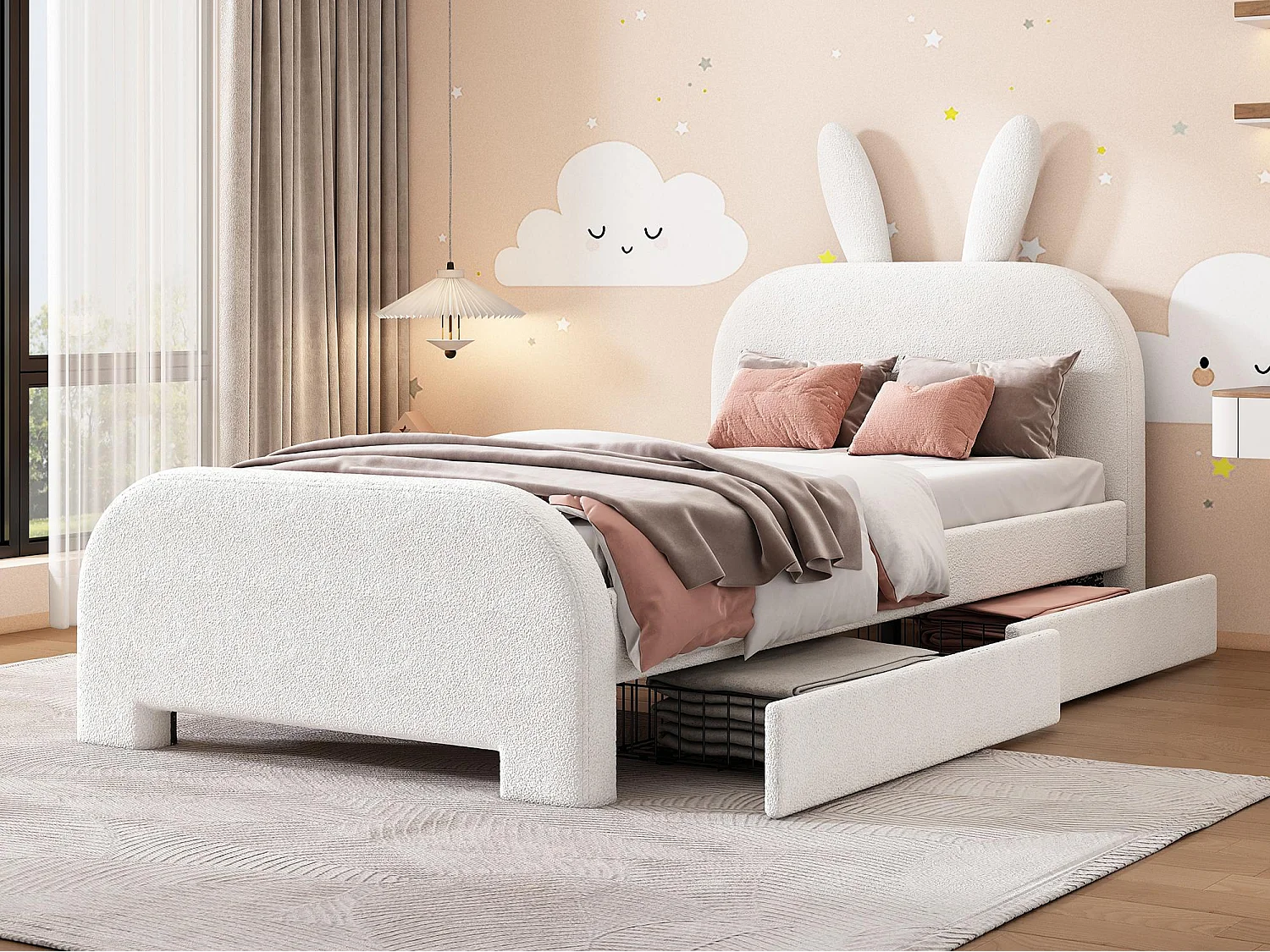 Lit enfant 90x200 cm avec 2 tiroirs - tête en forme de lapin - Blanc