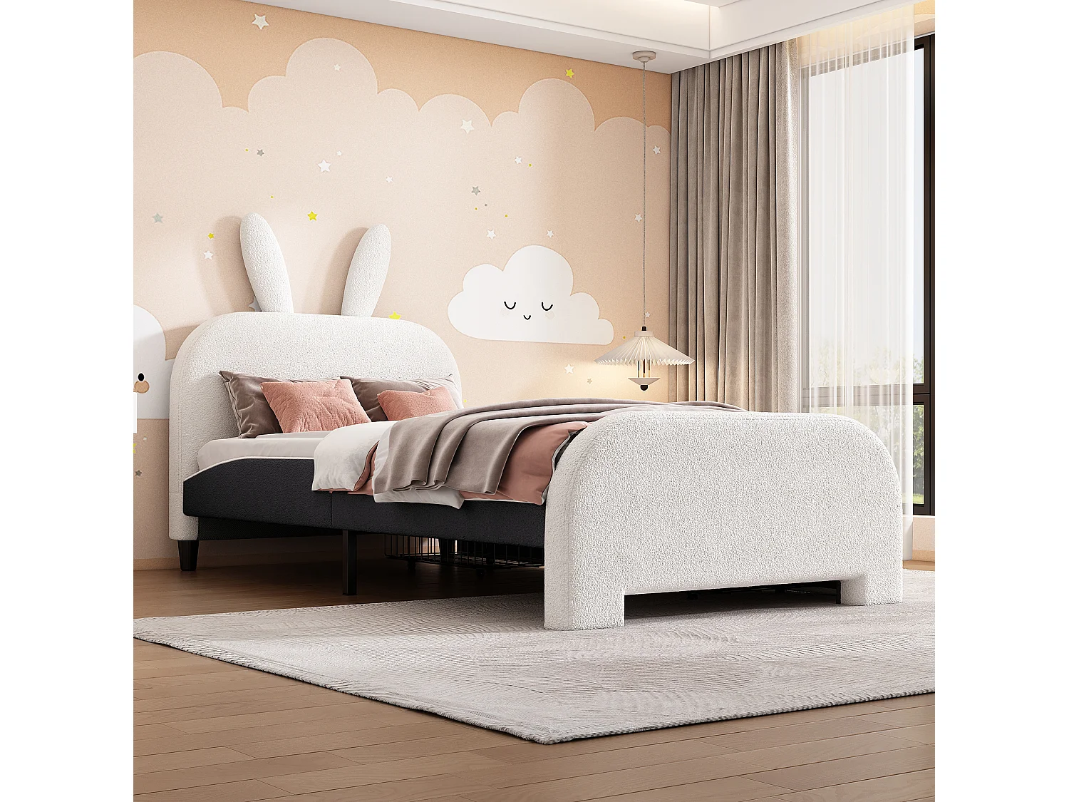 Lit enfant 90x200 cm avec 2 tiroirs - tête en forme de lapin - Blanc