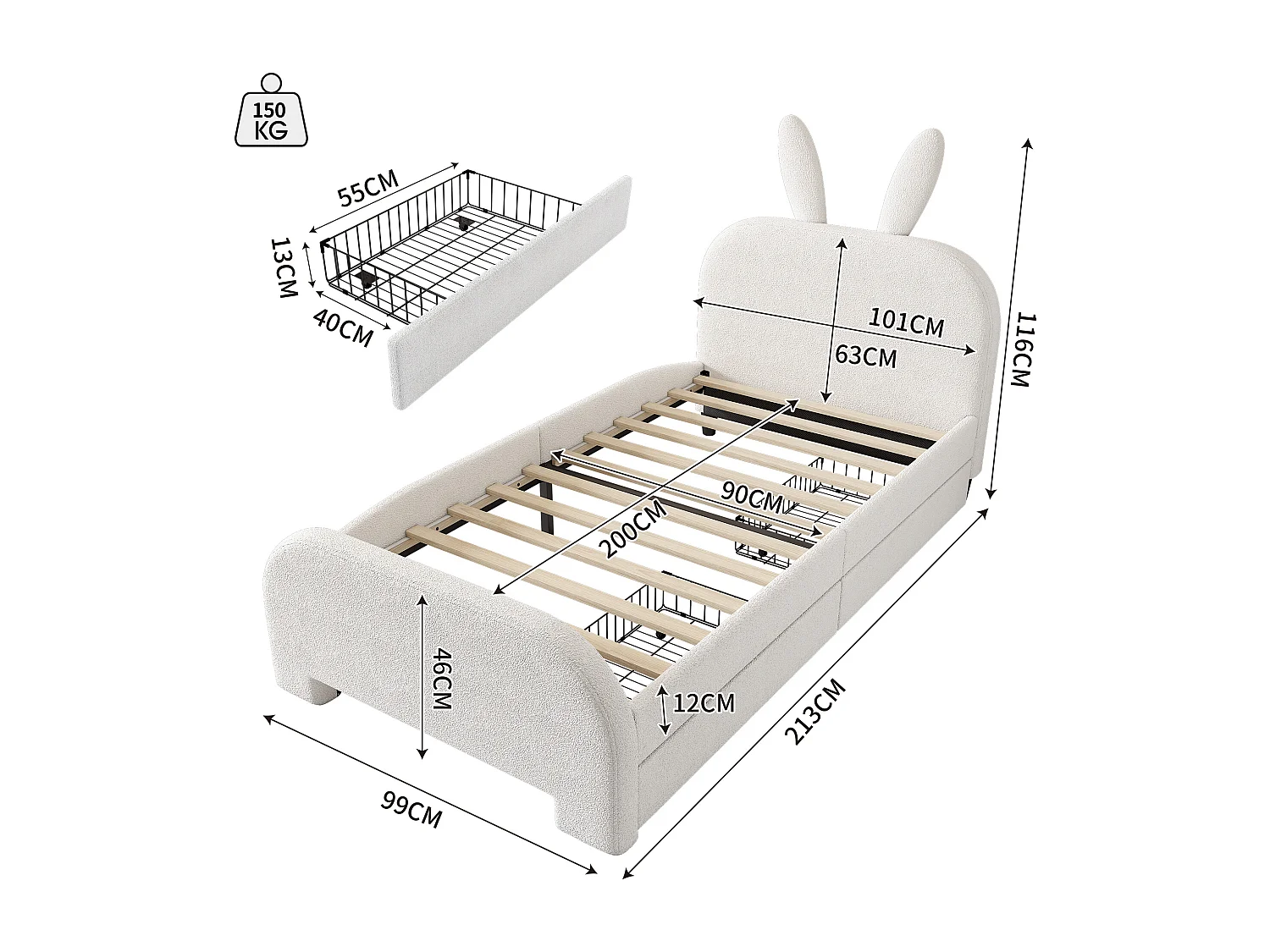 Lit enfant 90x200 cm avec 2 tiroirs - tête en forme de lapin - Blanc
