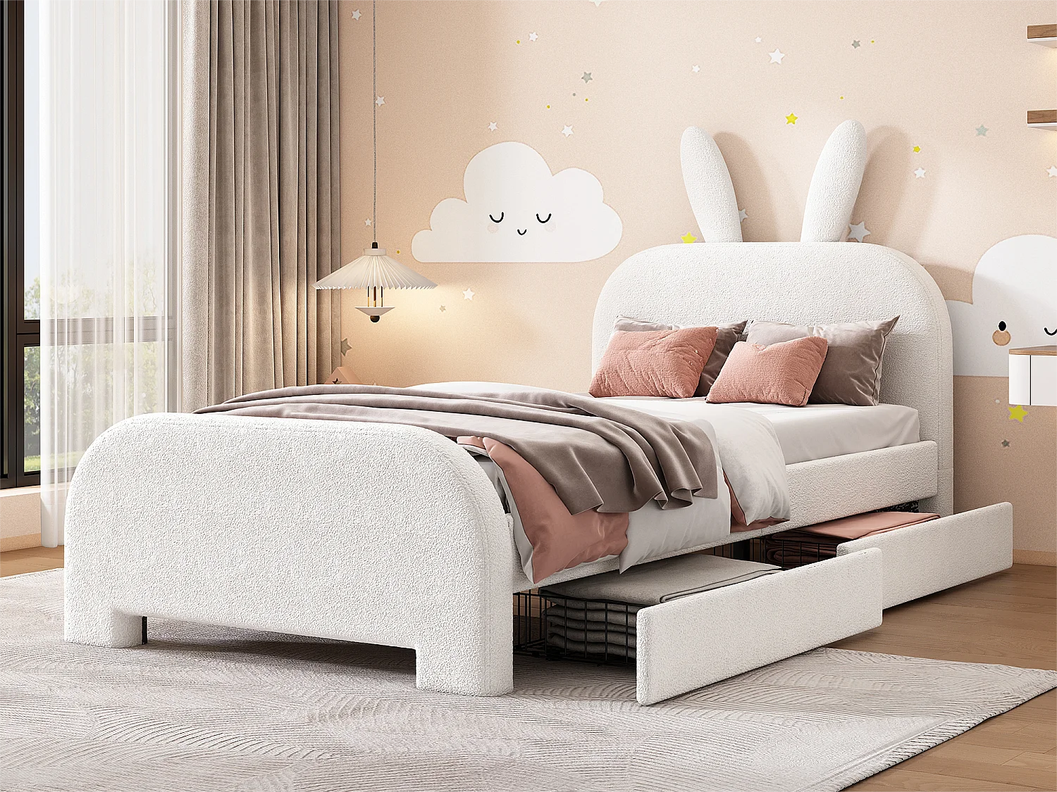Letto per bambini 90x200 cm con 2 cassetti - testiera a forma di coniglio - Bianco