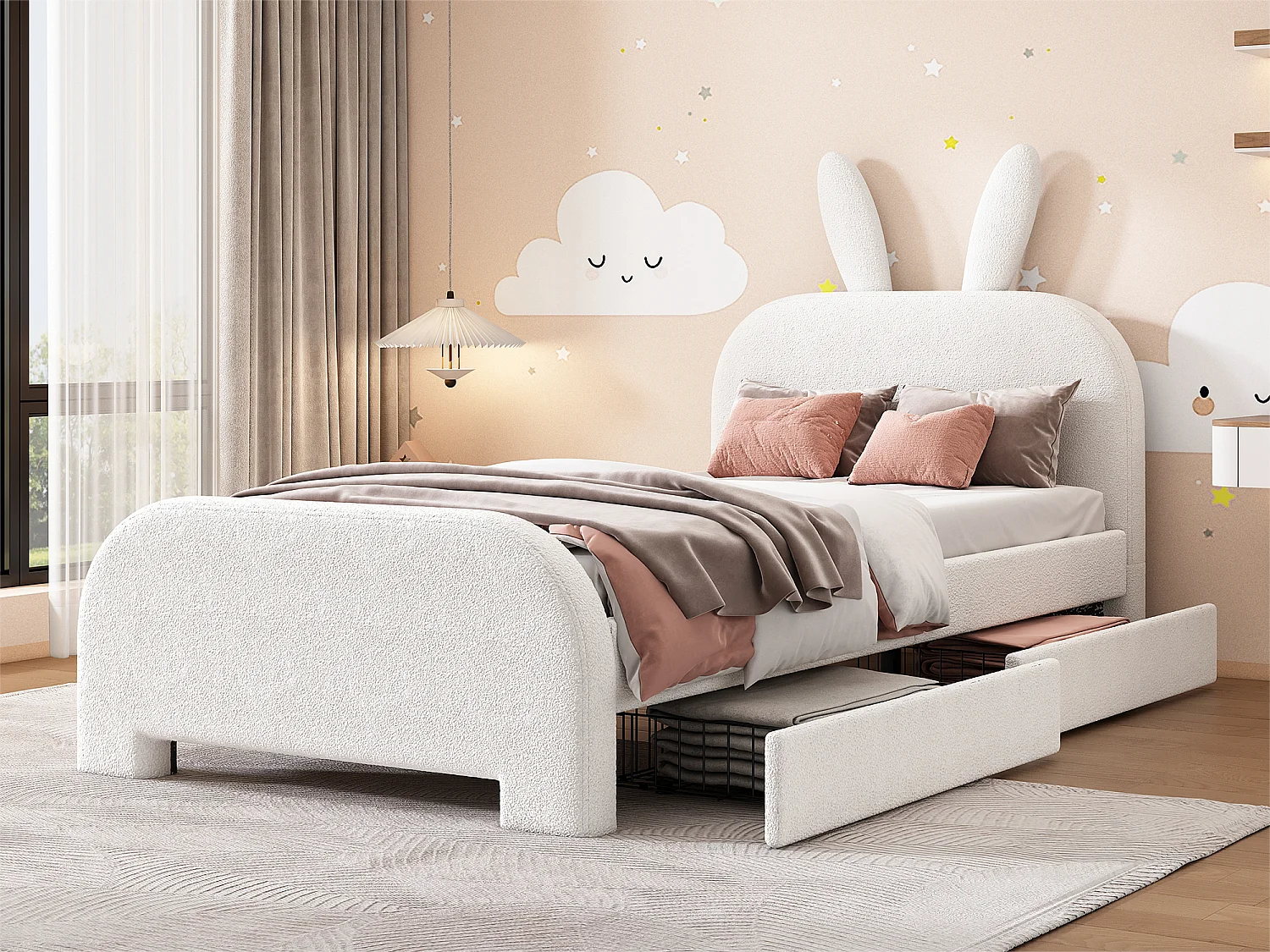 Letto per bambini 90x200 cm con 2 cassetti - testiera a forma di coniglio - Bianco