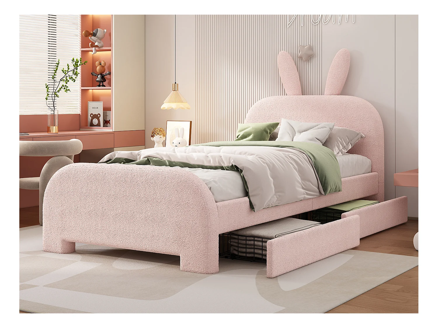 Kinderbed 90x200 cm met 2 lades - konijnvormig hoofdeinde - Roze