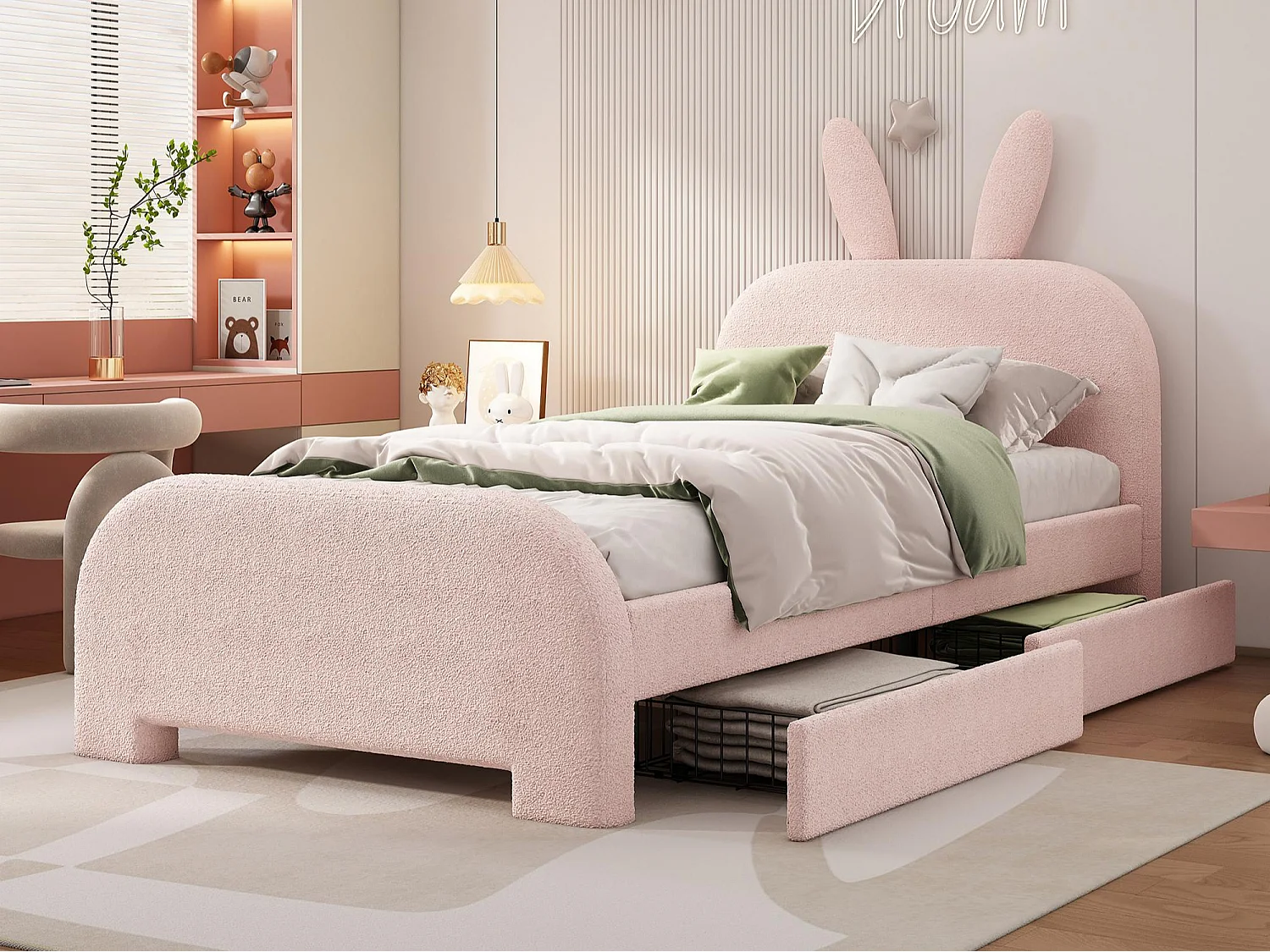 Lit enfant 90x200 cm avec 2 tiroirs - tête en forme de lapin - Rose