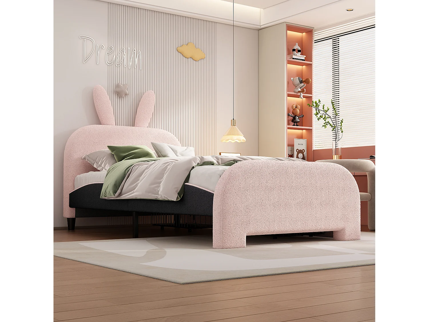 Lit enfant 90x200 cm avec 2 tiroirs - tête en forme de lapin - Rose