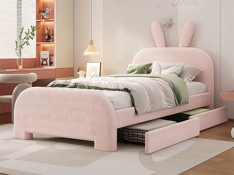 Lit enfant 90x200 cm avec 2 tiroirs - tête en forme de lapin - Rose
