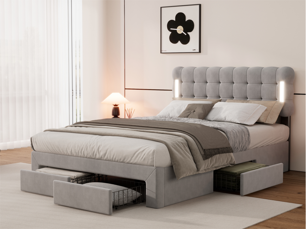 Cama de casal 140x200cm com LED e 4 gavetas - tecido veludo - Cinza
