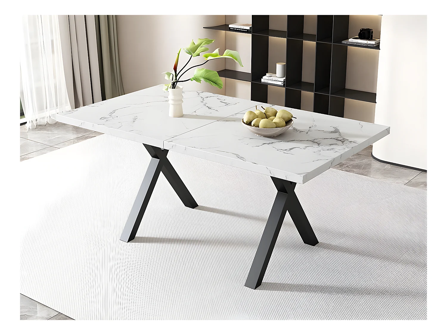 Rechteckiger Esstisch – X-förmige Beine aus Schmiedeeisen – Weiß