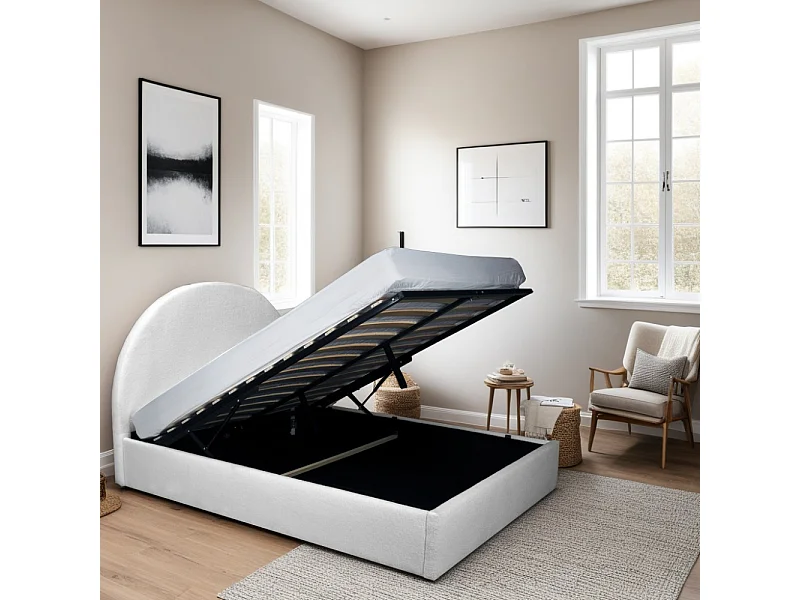 Lit coffre en tissu bouclette 160x200 avec sommier et rangement intégré - Blanc