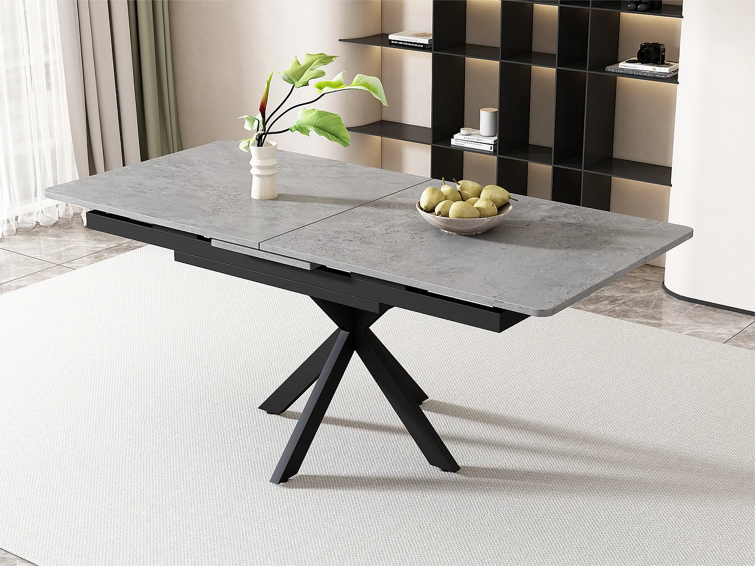Table à manger extensible - pieds croisés en fer forgé - plateau à motif de ciment - Gris & Noir
