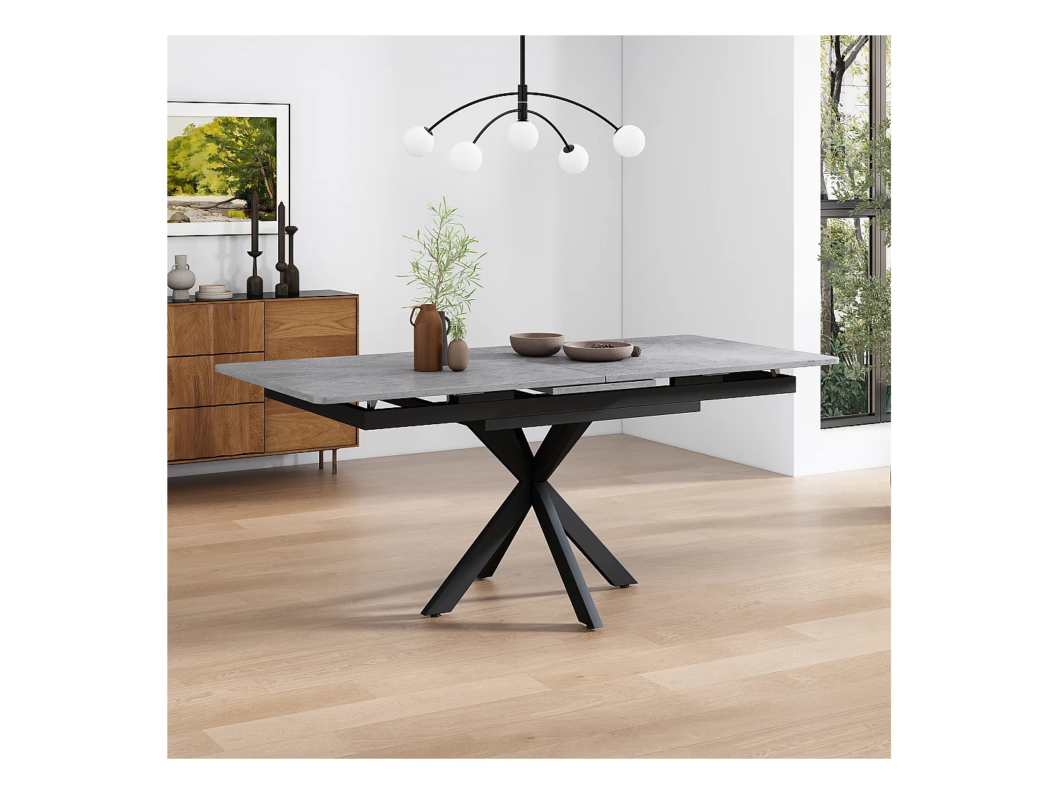 Table à manger extensible - pieds croisés en fer forgé - plateau à motif de ciment - Gris & Noir