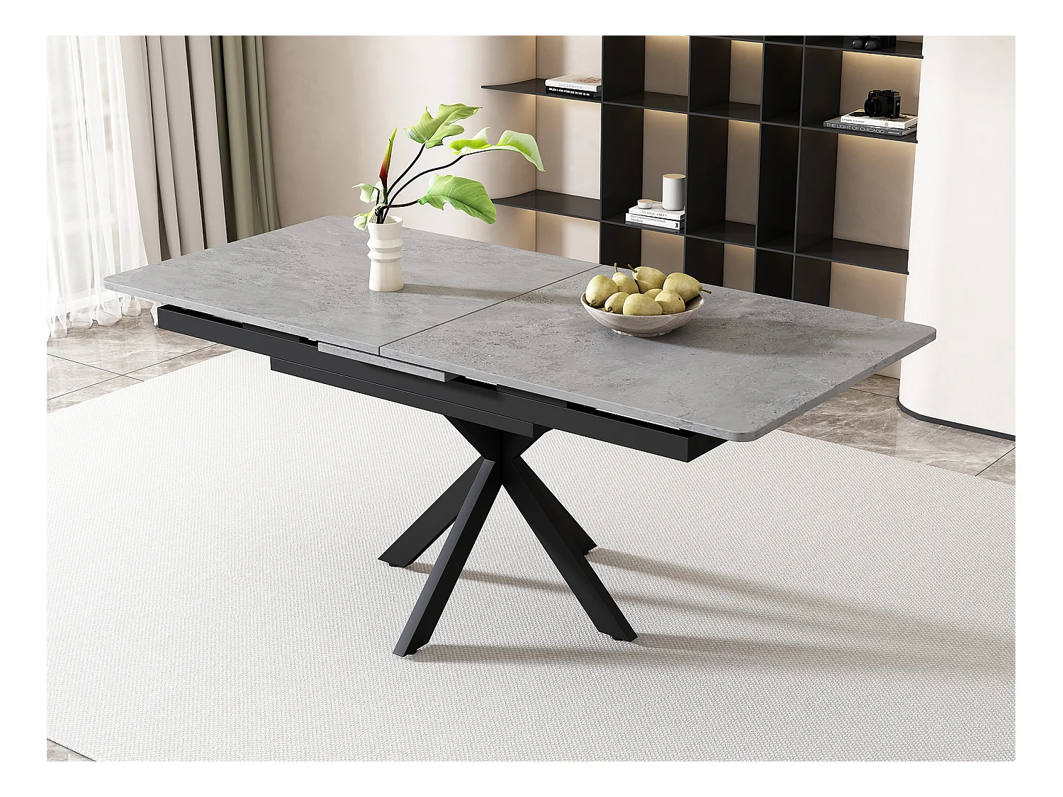 Table à manger extensible - pieds croisés en fer forgé - plateau à motif de ciment - Gris & Noir