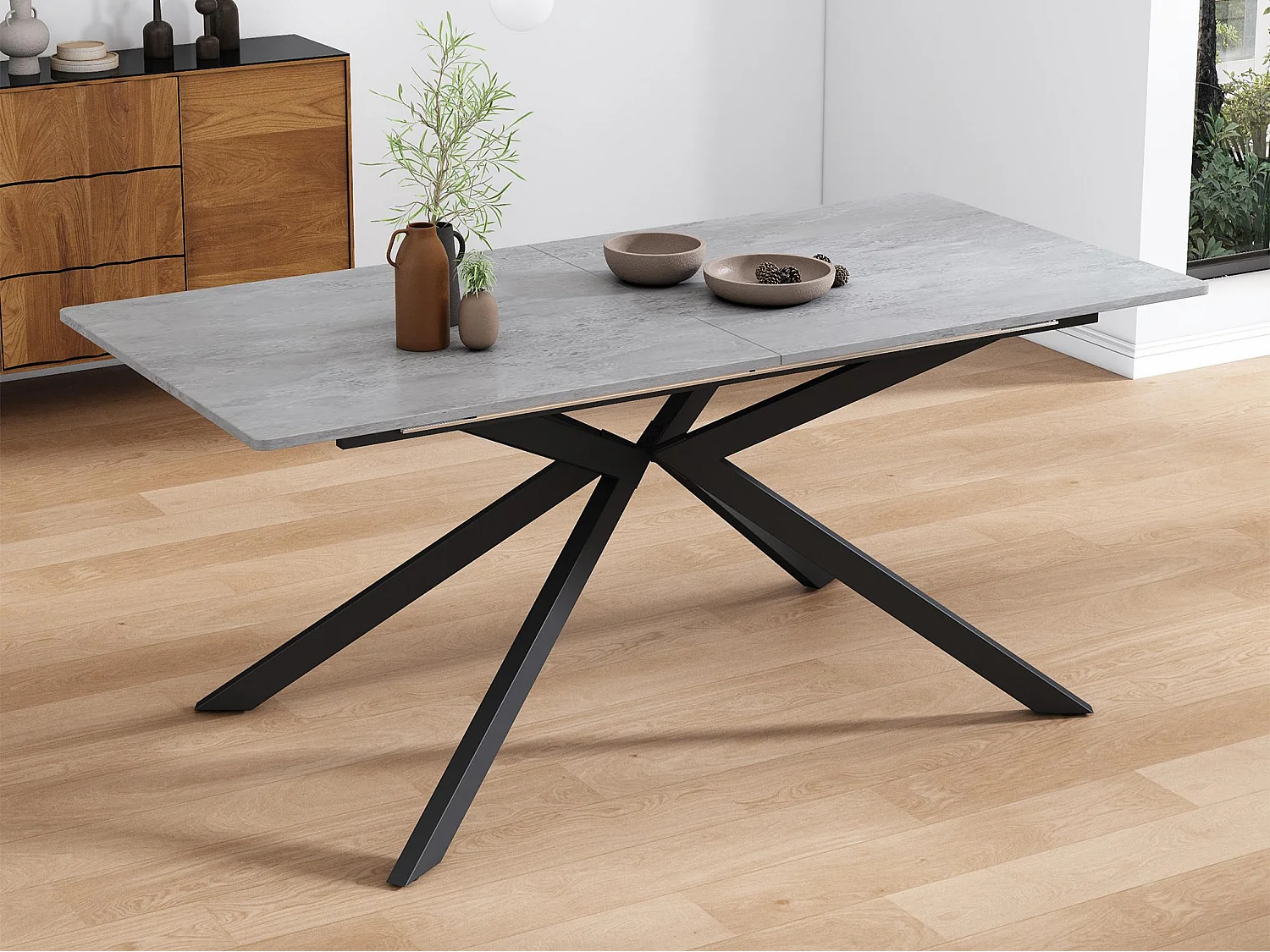 Table à manger extensible - pieds croisés en fer forgé - plateau à motif de ciment - Gris & Noir