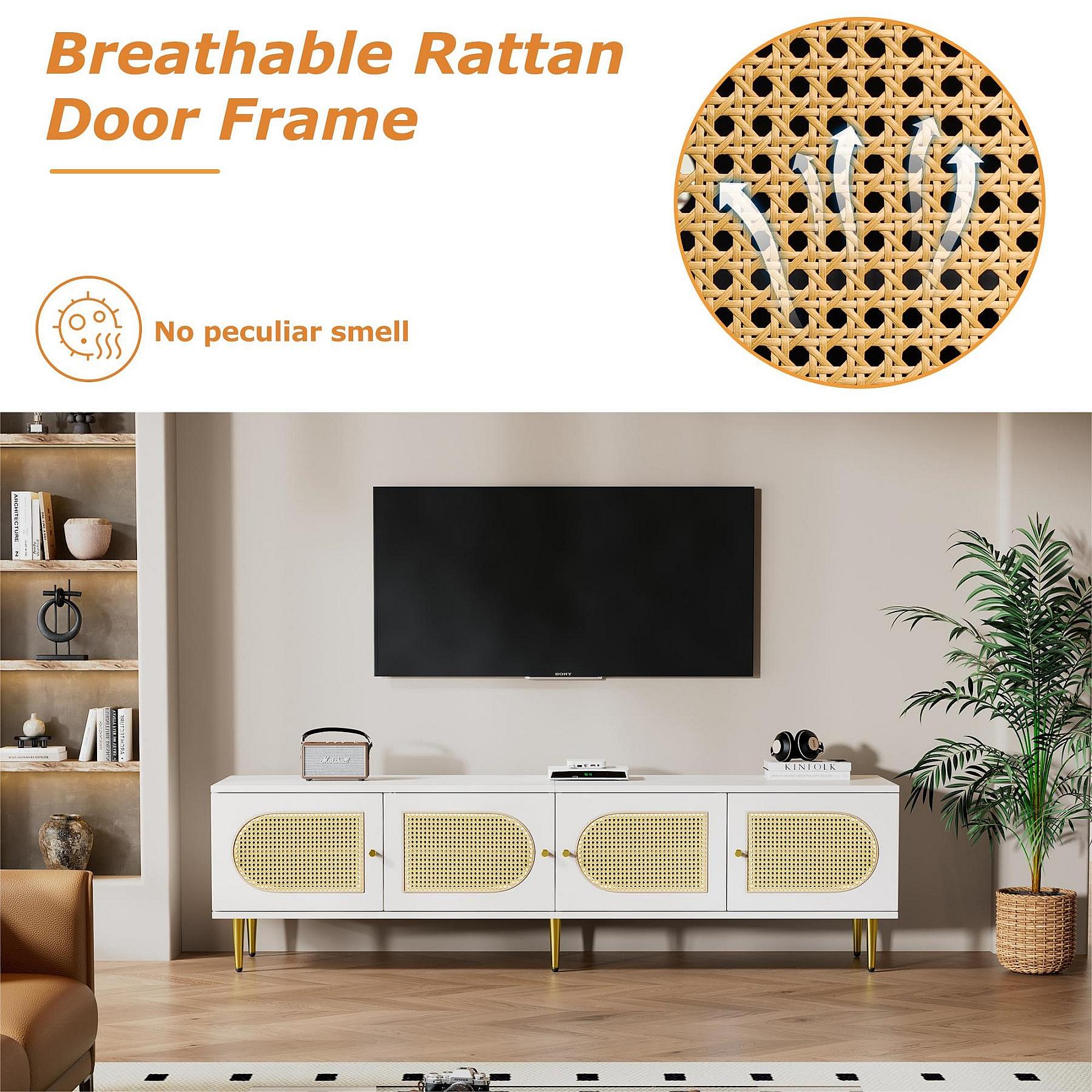 Meuble TV 180 Cm En Bois Et Rotin – 2 Portes, 1 Tiroir, Gestion Des Câbles – Style Rustique
