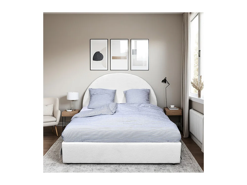 Lit Coffre Sherpa en Tissu Bouclette Blanc 140x190 avec Sommier