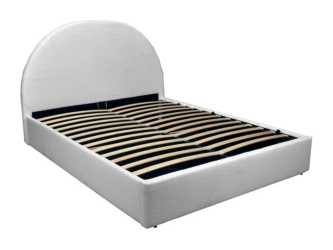 Lit Coffre Sherpa en Tissu Bouclette Blanc 140x190 avec Sommier