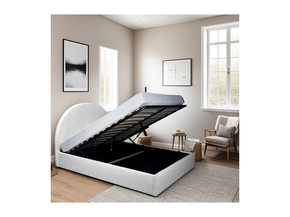 Lit Coffre Sherpa en Tissu Bouclette Blanc 140x190 avec Sommier