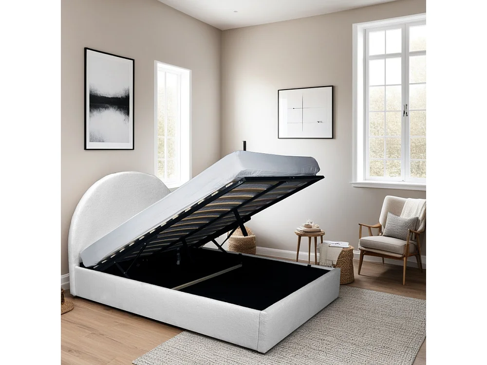 Lit Coffre Sherpa en Tissu Bouclette Blanc 140x190 avec Sommier