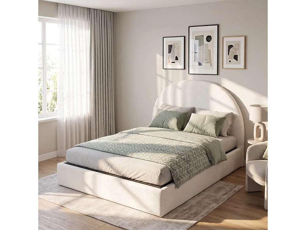 Lit Coffre Sherpa en Tissu Bouclette Blanc 140x190 avec Sommier