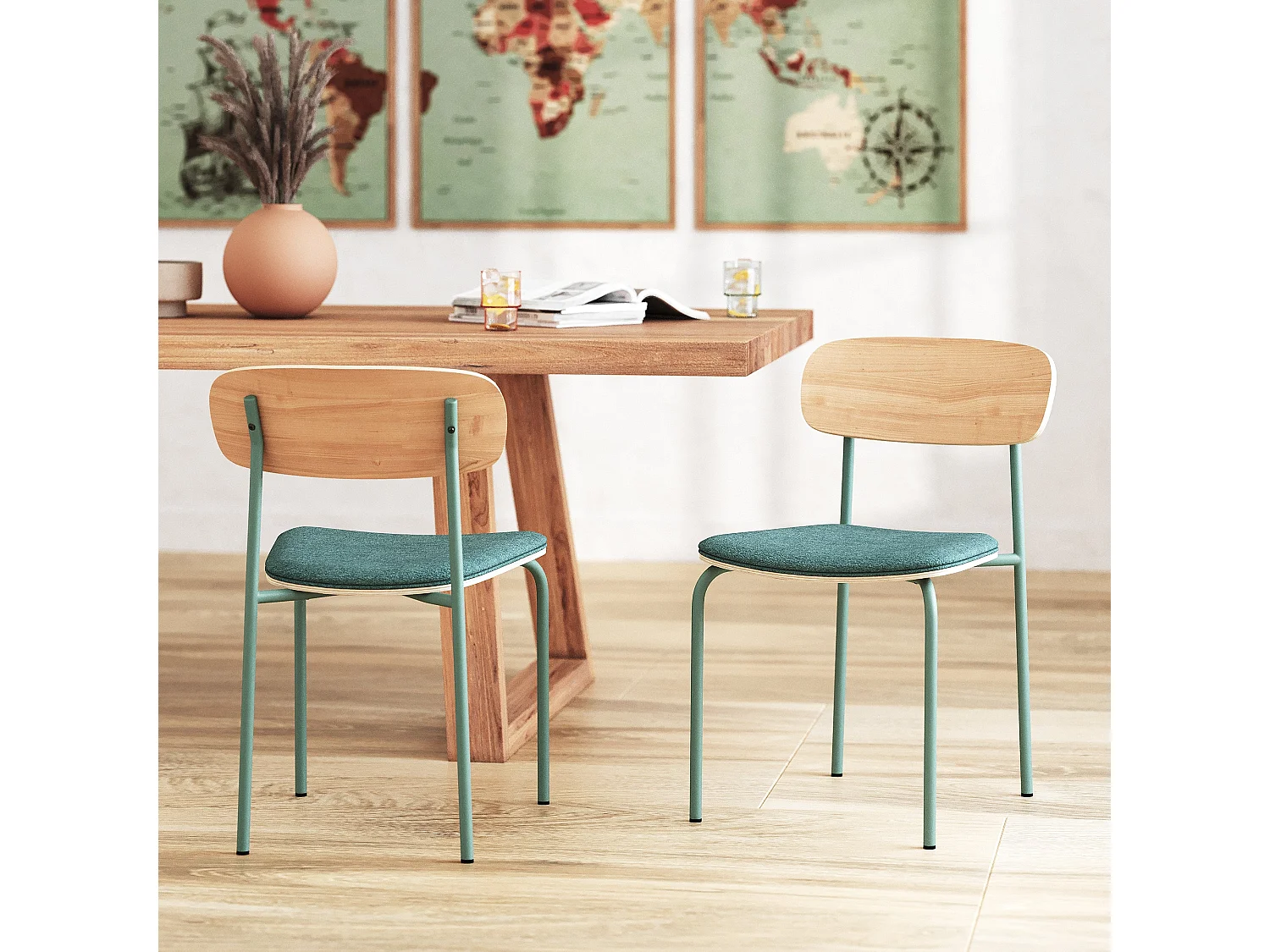 Lot de 2 chaises en bois clair et tissu bleu canard - Alba