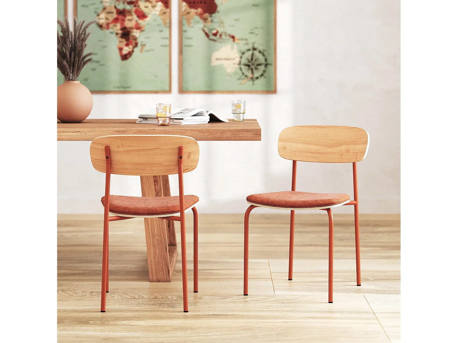 Set di 2 sedie in legno chiaro e tessuto terracotta - Alba