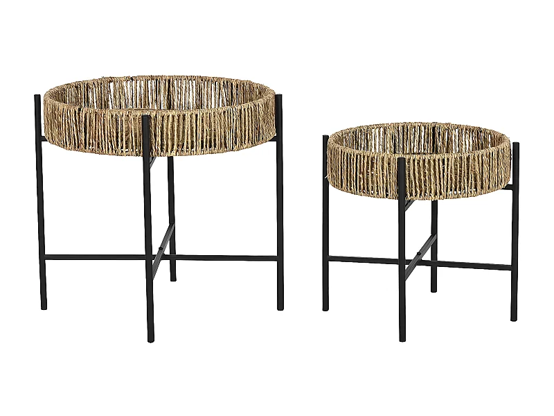 Lot de 3 tables d'appoints rondes en bois naturel et métal noir