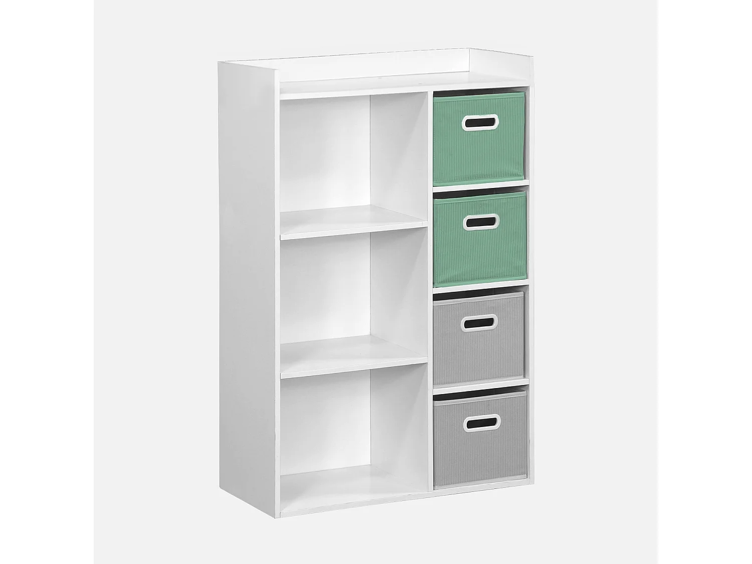 Meuble de rangement pour enfant avec 7 compartiments. 2 paniers verts et 2 paniers gris en velours