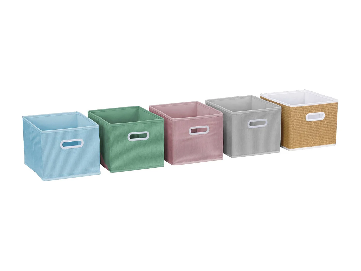 Meuble de rangement pour enfant avec 7 compartiments. 2 paniers verts et 2 paniers gris en velours