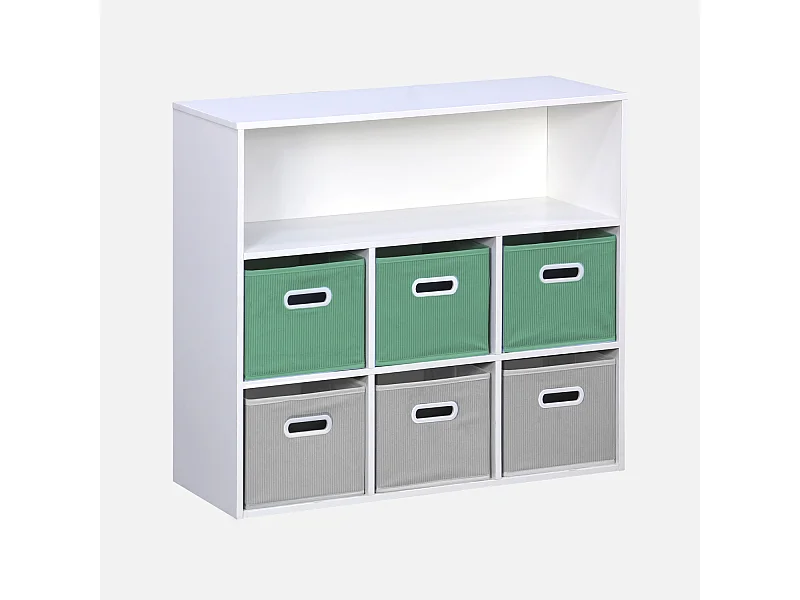 Meuble de rangement pour enfant avec 7 compartiments et 3 paniers verts et 3 paniers gris velours