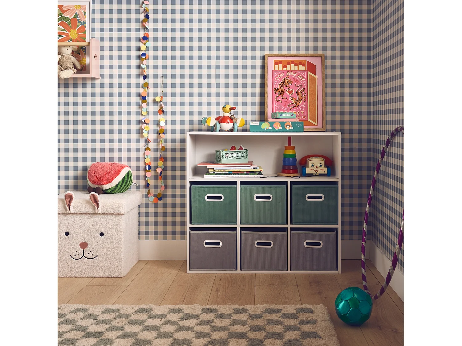Libreria per bambini con 6 cestini in velluto, verde