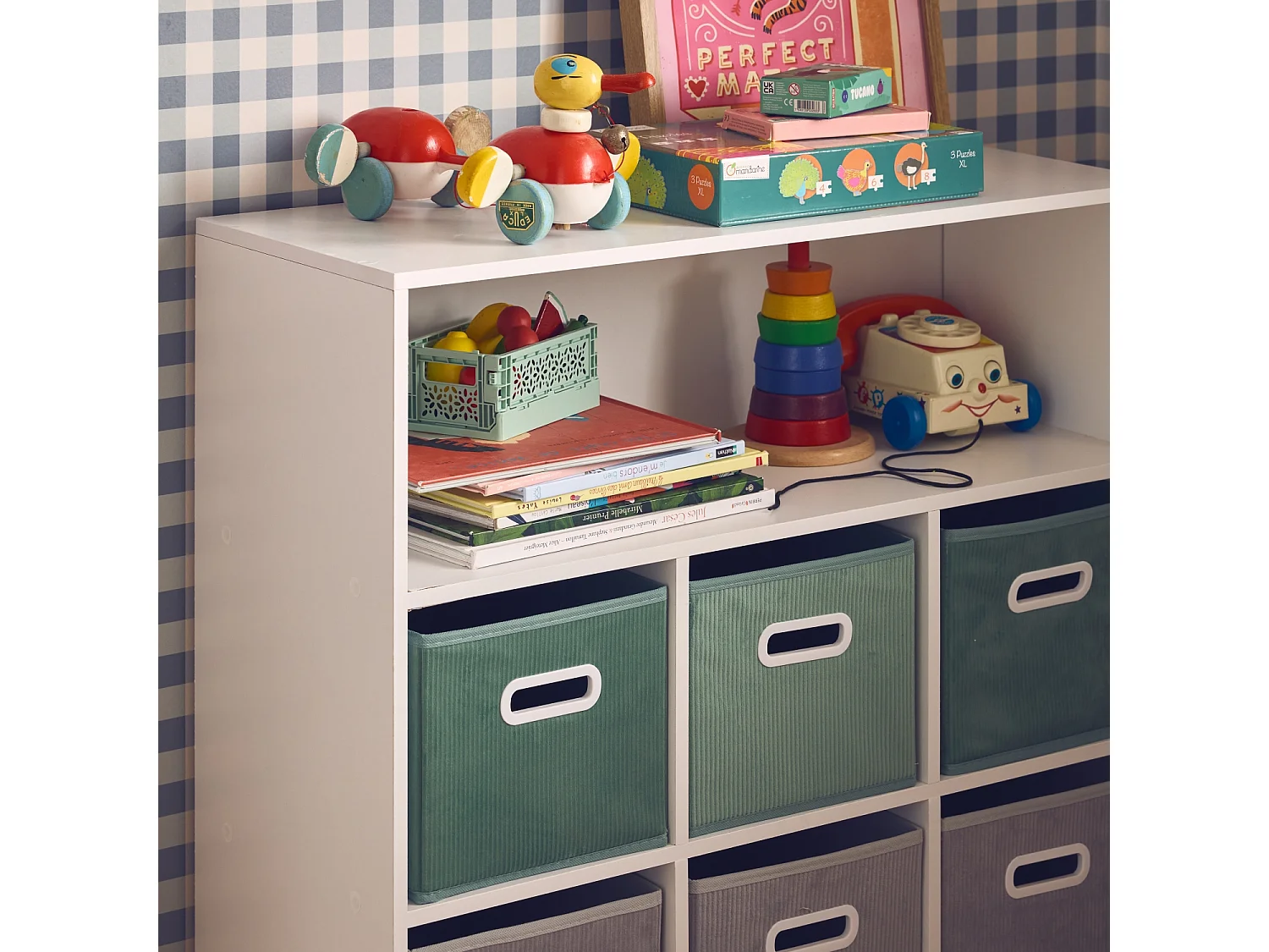 Libreria per bambini con 6 cestini in velluto, verde