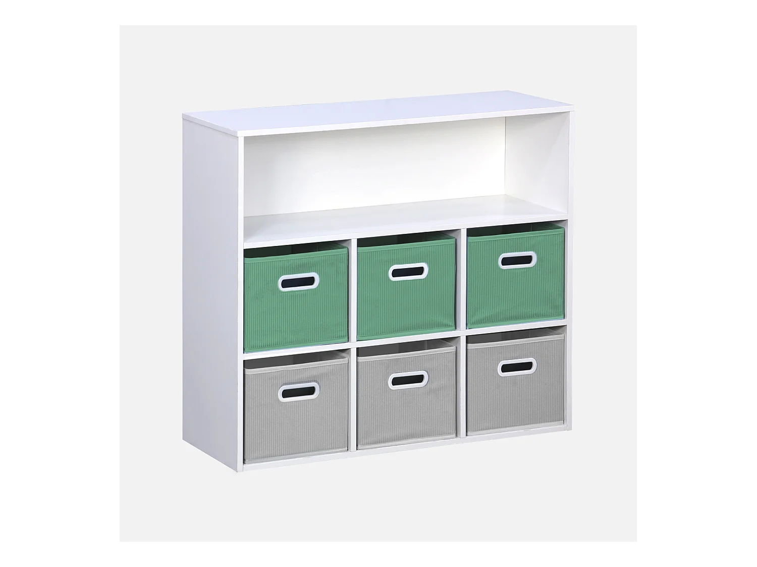 Meuble de rangement pour enfant avec 7 compartiments et 3 paniers verts et 3 paniers gris velours